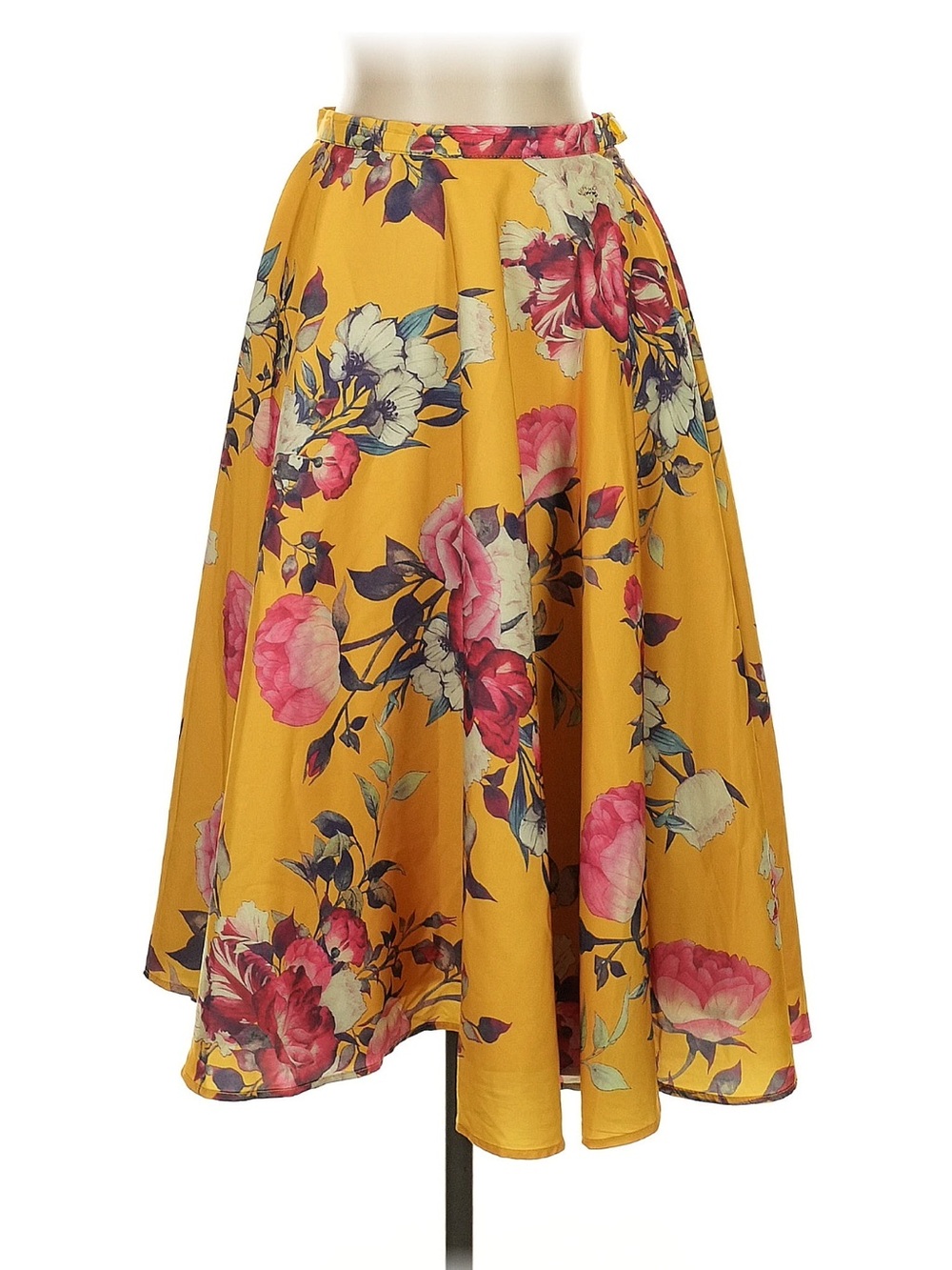 ModCloth Yellow Floral Circle Skirt with Pink & Cream Blooms